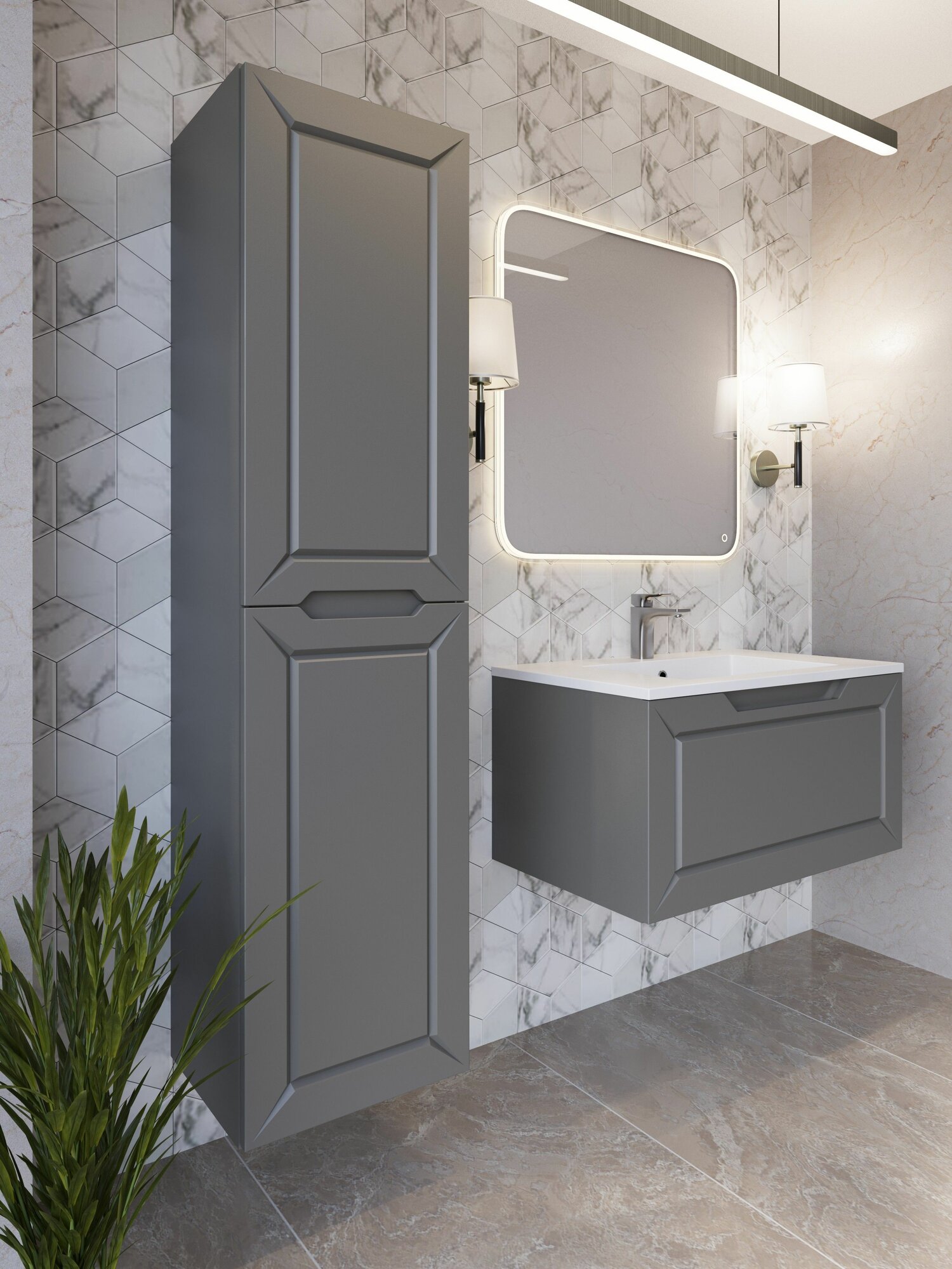 Шкаф пенал для ванной с полками подвесной Alba графит аквакрафт, универсальное открывание