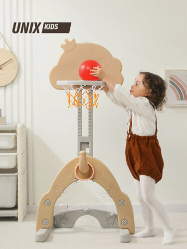 Изображение товара Баскетбольная стойка для детей UNIX Kids Star / Звезда (4 в 1) для дома и улицы. Хоккейные ворота, футбольные ворота, игровой комплекс, бежевый