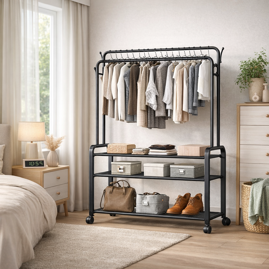Многофункциональная напольная вешалка для одежды с полкой и колёсами, металлическая