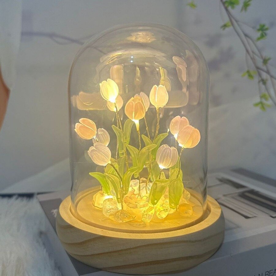 Ручная работа DIY-ночник с 11 тюльпанами, крупный дизайн 10x15 см, работающий от батареек, розово-фиолетовая цветовая