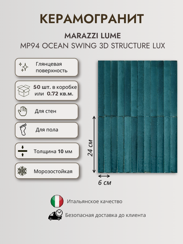 Изображение товара Керамогранит MARAZZI LUME MP94 Ocean Swing 3D Structure LUX, 6x24 см, рифленая, сине-зеленый глянцевый