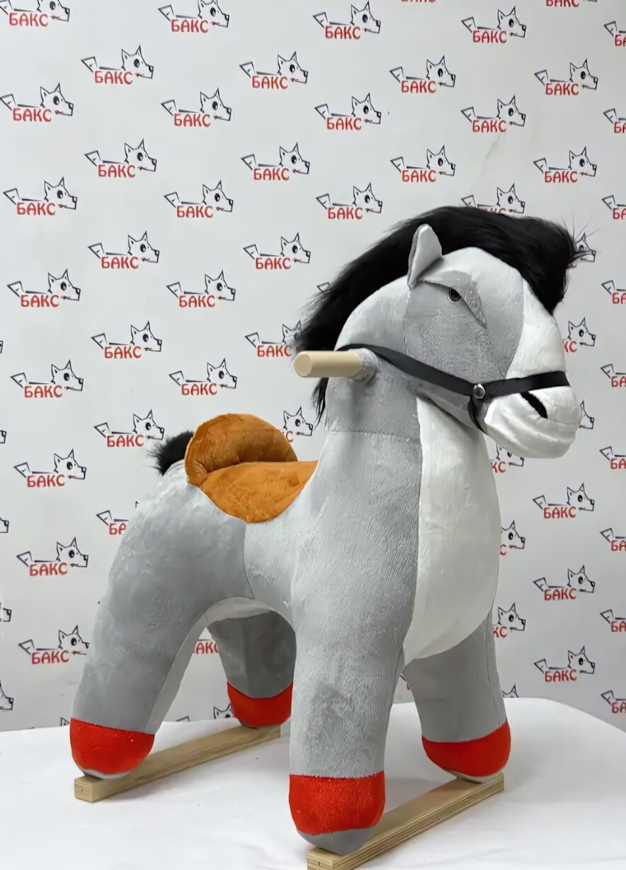 Качалка детская "Конь Пегас" из мягкого плюша, серый цвет, на прочных деревянных полозьях, безопасная и удобная