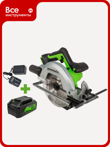 Изображение товара Дисковая пила GreenWorks GD24CS, 24V, б/щет, диск 185х20мм, 4500 об/мин, рез 63мм,1x4Ач, ЗУ, коробка 1500907VUB