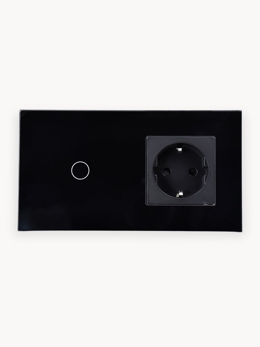 Умный сенсорный выключатель Wi-Fi одноклавишный с розеткой в одной стеклянной рамке с нулем, черный, умный дом