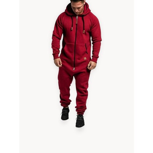 Мужской утепленный флисовый комбинезон с капюшоном и карманами (однотонный, свободный крой) для зимнего отдыха и рыбалки мягкий, легкий