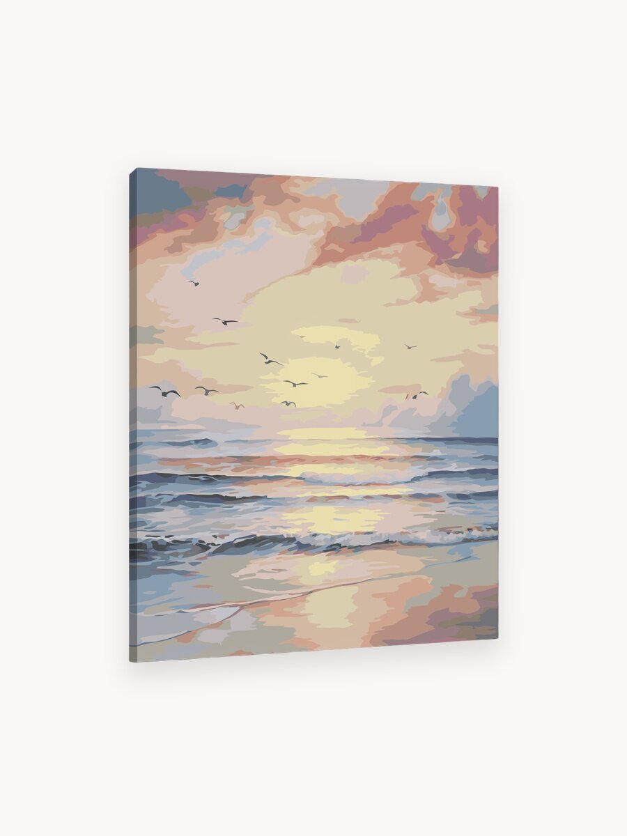 Картина по номерам 40x50 см, акварельная картина, морской закат, пастельные краски, небо, океан, поверхность, чайки