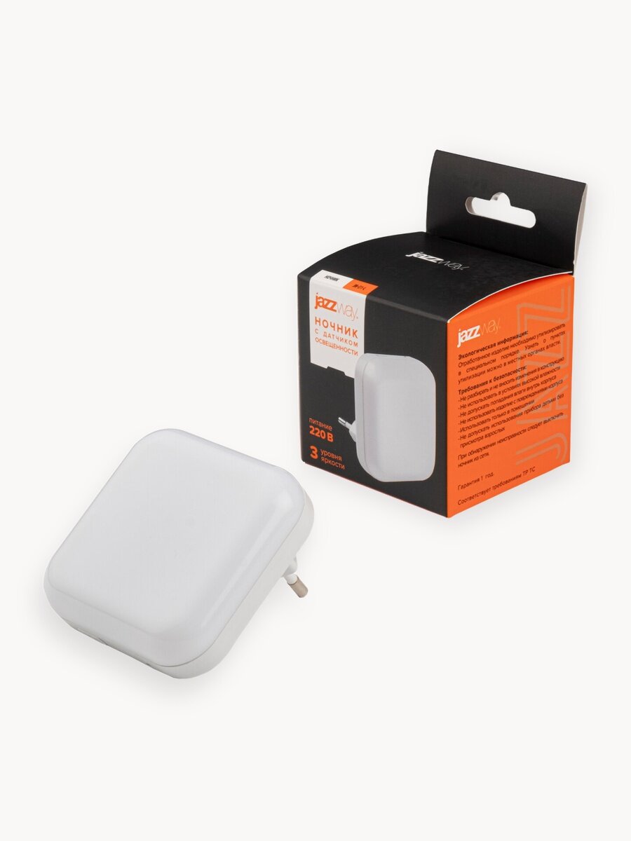 Ночник Jazzway JN-01-L, в розетку, 3 режима, мягкий белый свет, датчик освещенности