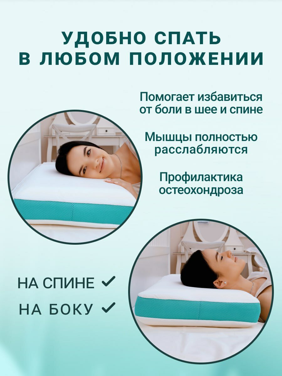 Подушка анатомическая ортопедическая для сна Memory Foam с эффектом памяти классической формы средней жесткости 60х40х12 см