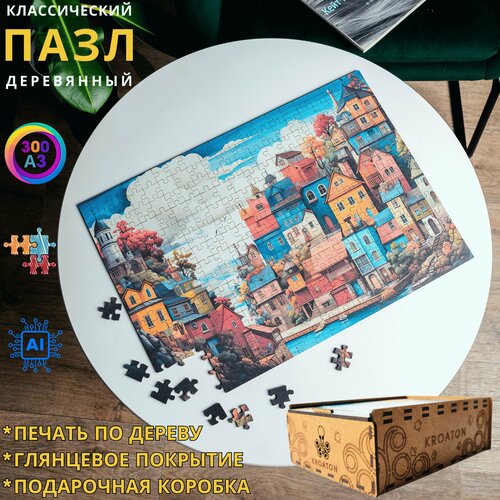 Деревянный классический пазл для взрослых и детей Kroaton Мульт город маяк 300 деталей 41*29 см