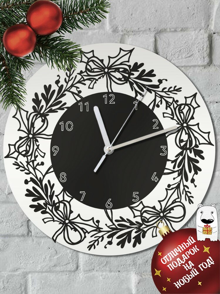 Настенные деревянные бесшумные часы Новый год Венок (банты, украшения) - 6116