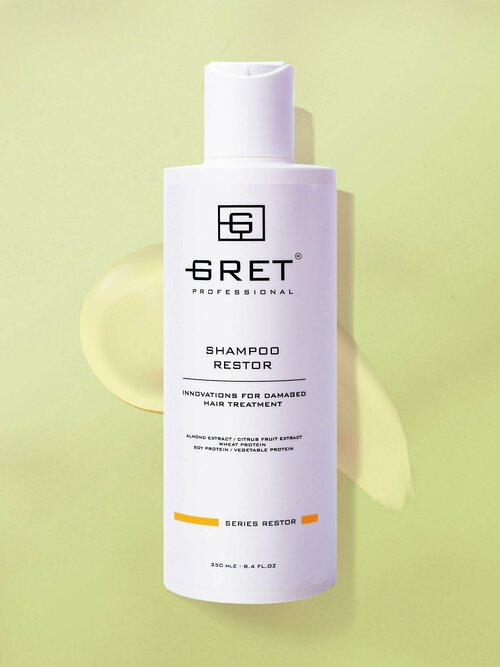 GRET RESTOR 250 мл шампунь питательный для восстановления тусклых поврежденных сухих ломких секущихся волос женский профессиональный