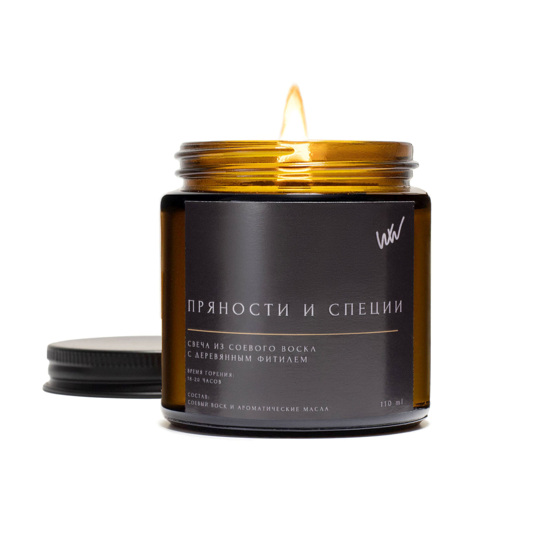 фото Свеча ароматическая WHALEWAY "Апельсин и корица", соевый воск/деревянный фитиль, 110 ml