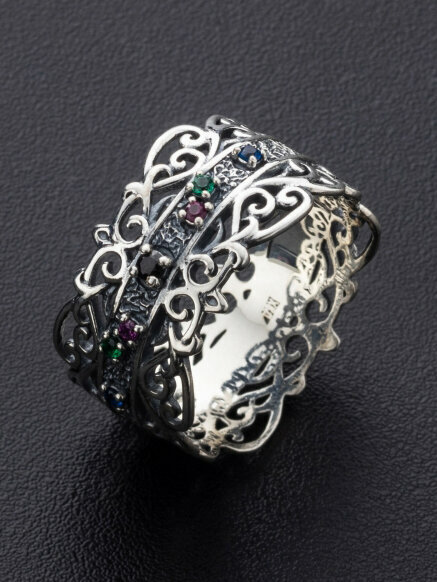 Кольцо обручальное Angelskaya925 Кольцо серебряное с камнями Спаси и Сохрани серебро широкое, серебро, 925 проба, чернение, фианит, размер 21.5, синий, зеленый