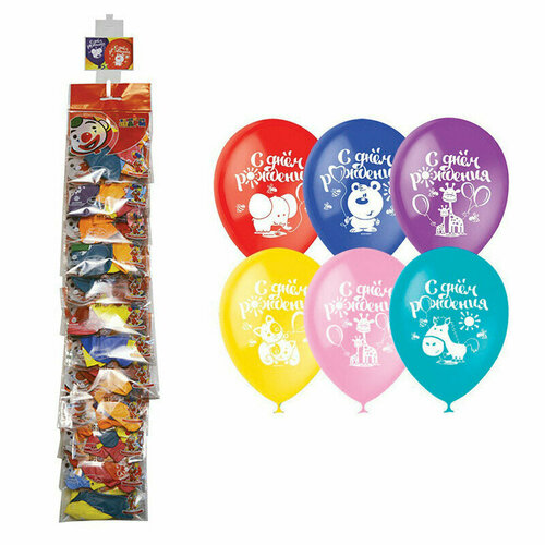 Воздушные шары, 5шт, М12/30см, ПатиБум "С Днем рождения", пастель+декор, ассорти, европ, стриплента, 12 штук, 256606