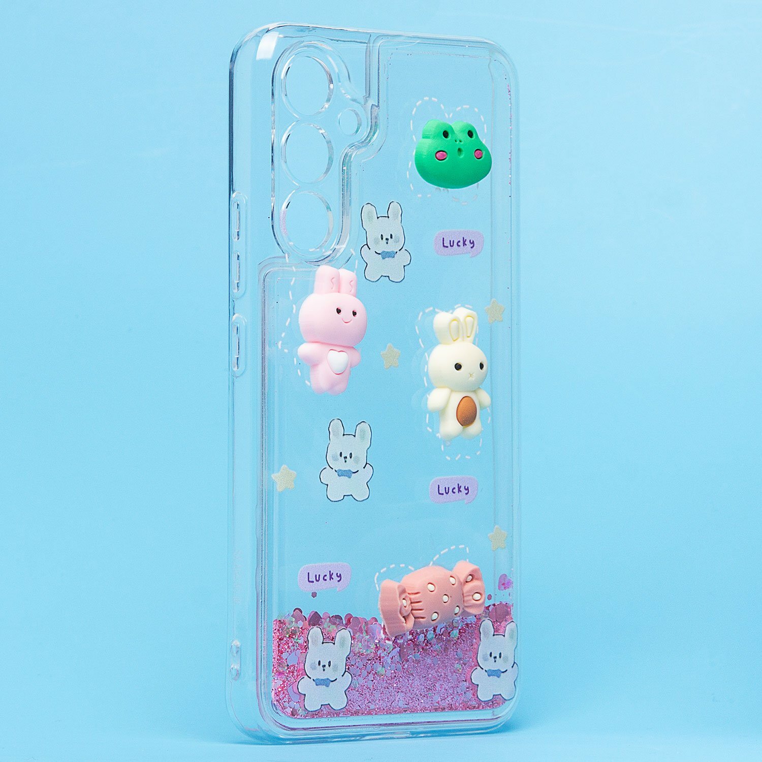 фото Прозрачный силиконовый чехол с объемными стикерами для Samsung Galaxy A54/ Накладка с защитой камеры, с блёстками/ розовый