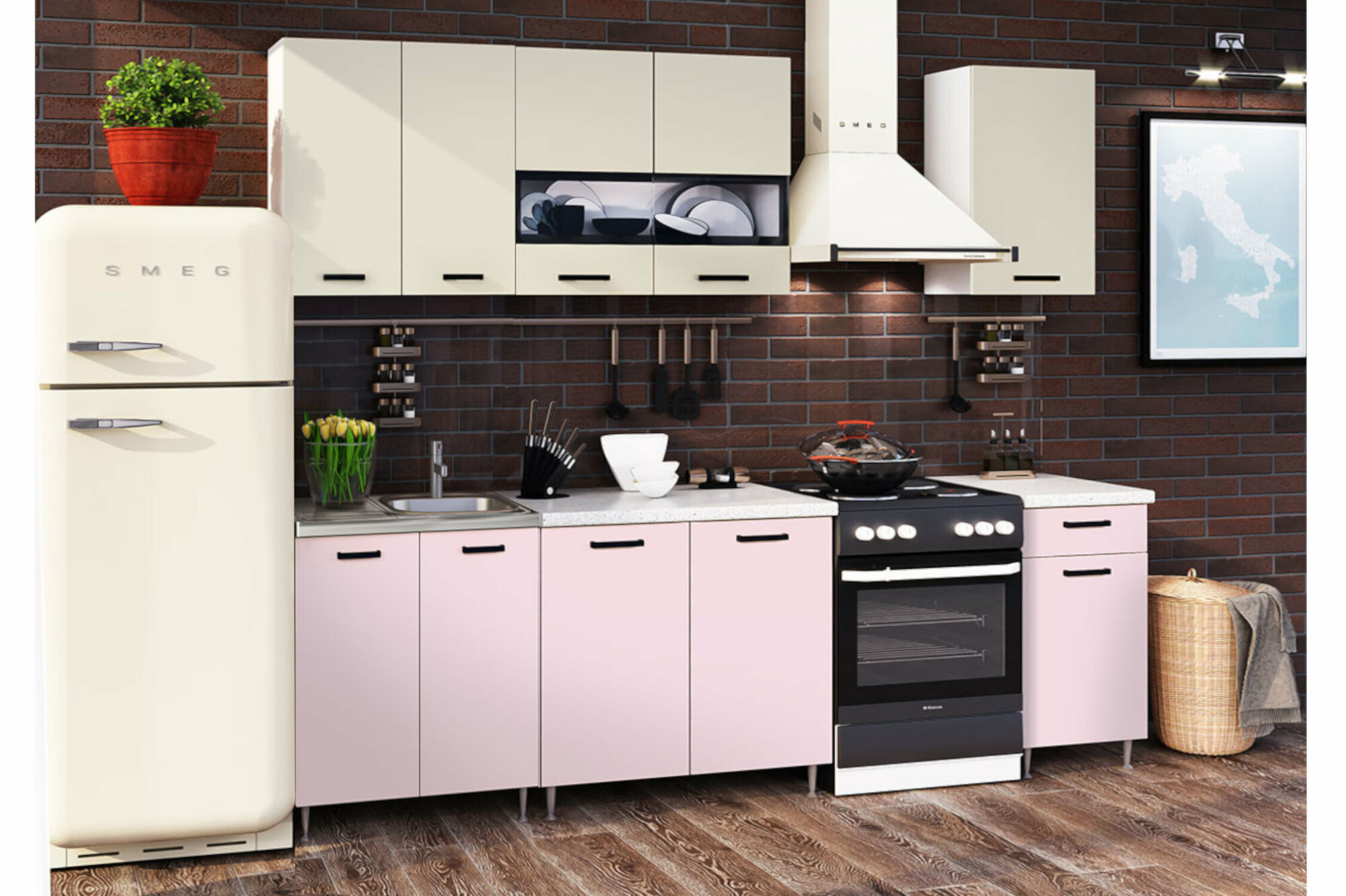 фото Кухонный гарнитур Миф Рио-2 1.8м бежевый / розовый 180хх см