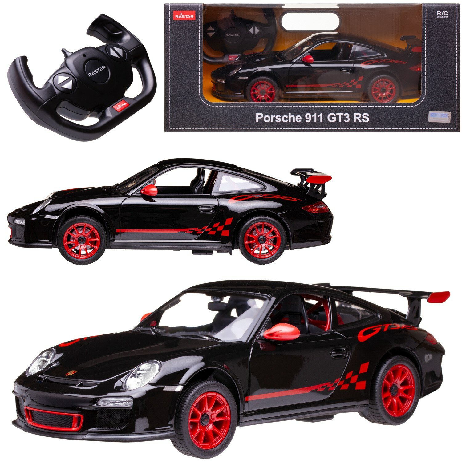 Машина р у 1:14 Porsche GT3 RS цвет черный светящиеся фары 42800B