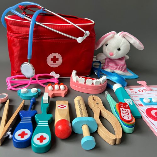 фото Сюжетно-ролевой деревянный набор доктора в сумке с мягкой игрушкой "врач скорой" нет бренда