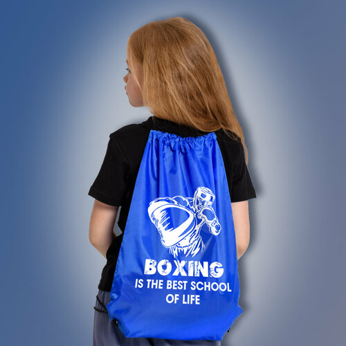 Сумка мешок с изображением боксера и надписью BOXING is the best school of life, синего цвета