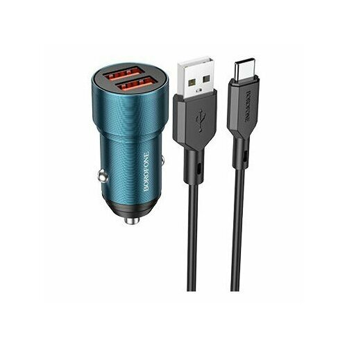 Автомобильное зарядное устройство (АЗУ) Borofone BZ19B QC 3.0 (USB) + кабель Type-C, 3 A, синий автомобильное зарядное устройство азу hoco z39 qc 3 0 2 usb 3 а синий