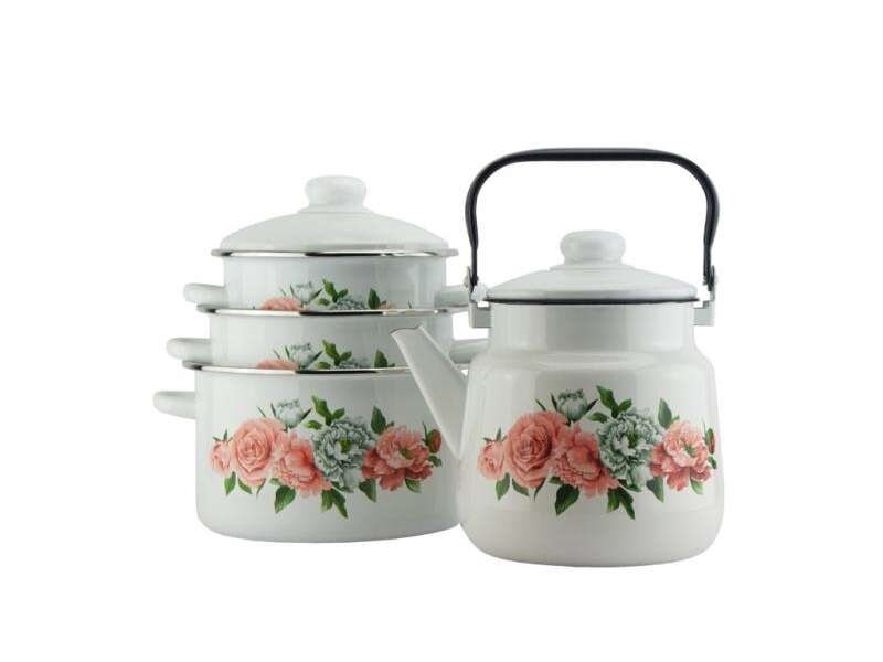 фото Эмалированный набор "Розы и Пионы" 3 кастрюли с крышками 2/3/4л. + чайник 3,5л.