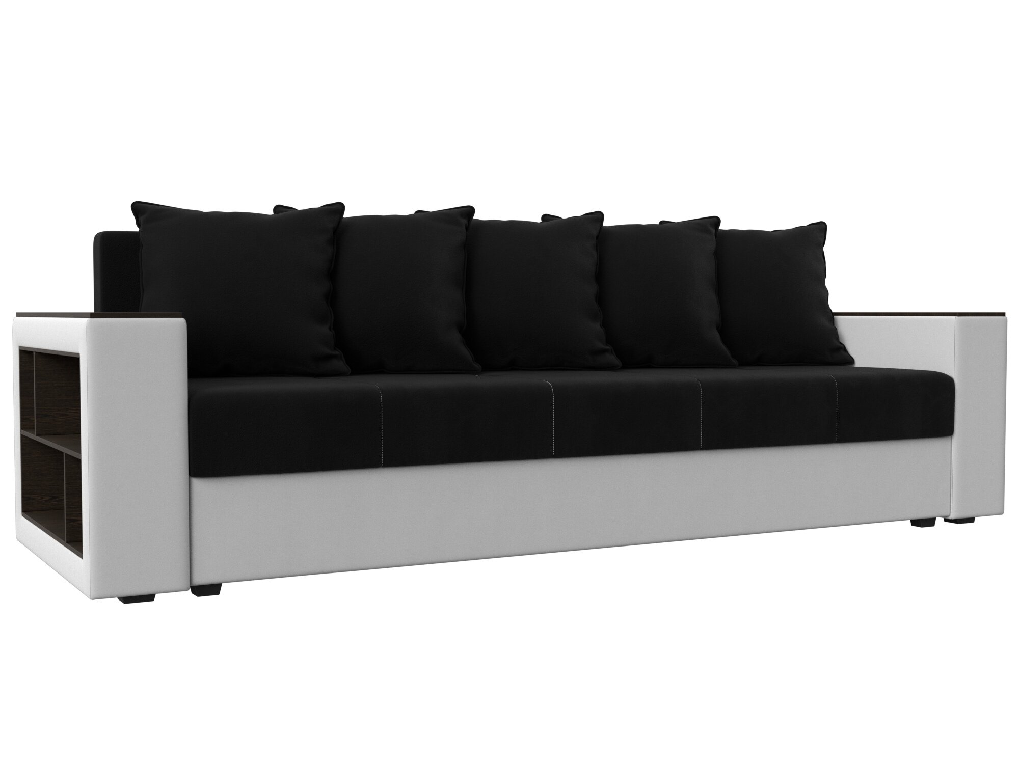 фото Диван прямой Лига Диванов Дубай Лайт полки слева Черный (микровельвет)/Белый (экокожа)