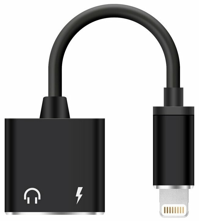 Переходник Lightning to наушники Lightning+зарядка, со шнуром, без bluetooth, музыка+зарядка, черный