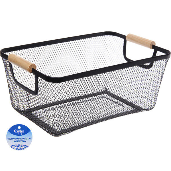 фото Корзина для хранения металлическая с деревянными ручками «фарго», цвет чёрный, 20*13*30см (лейбл Селфи)