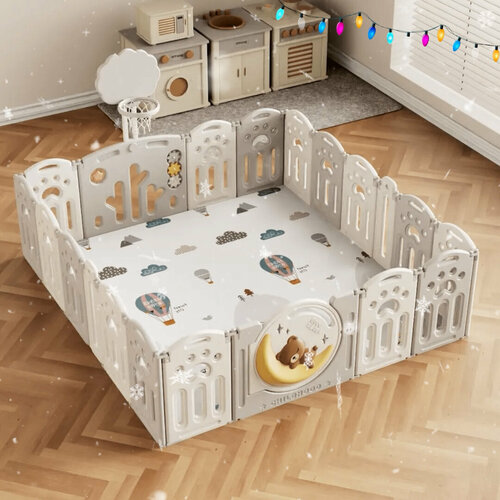 фото Манеж unix kids deluxe grey 180 x 200 см, с баскетбольной стойкой и ковриком _ для девочек и мальчиков _ серый _ белый