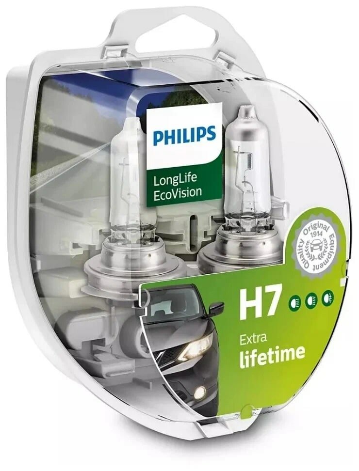 Лампа автомобильная галогенная Philips LongLife EcoVision 12972LLECOS2 H7 12V 55W PX26d 3100K 2 шт.