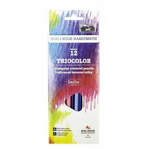 Карандаши цветные KOH-I-NOOR TrioColor 3132 3132012011KS трехгранные, цветной корпус - 12 цветов, коробка европодвес: 12 карандашей + точилка (1839890) карандаши цветные 12 цветов koh i noor plasticolor пластик пвх с подвесом 8732012007te