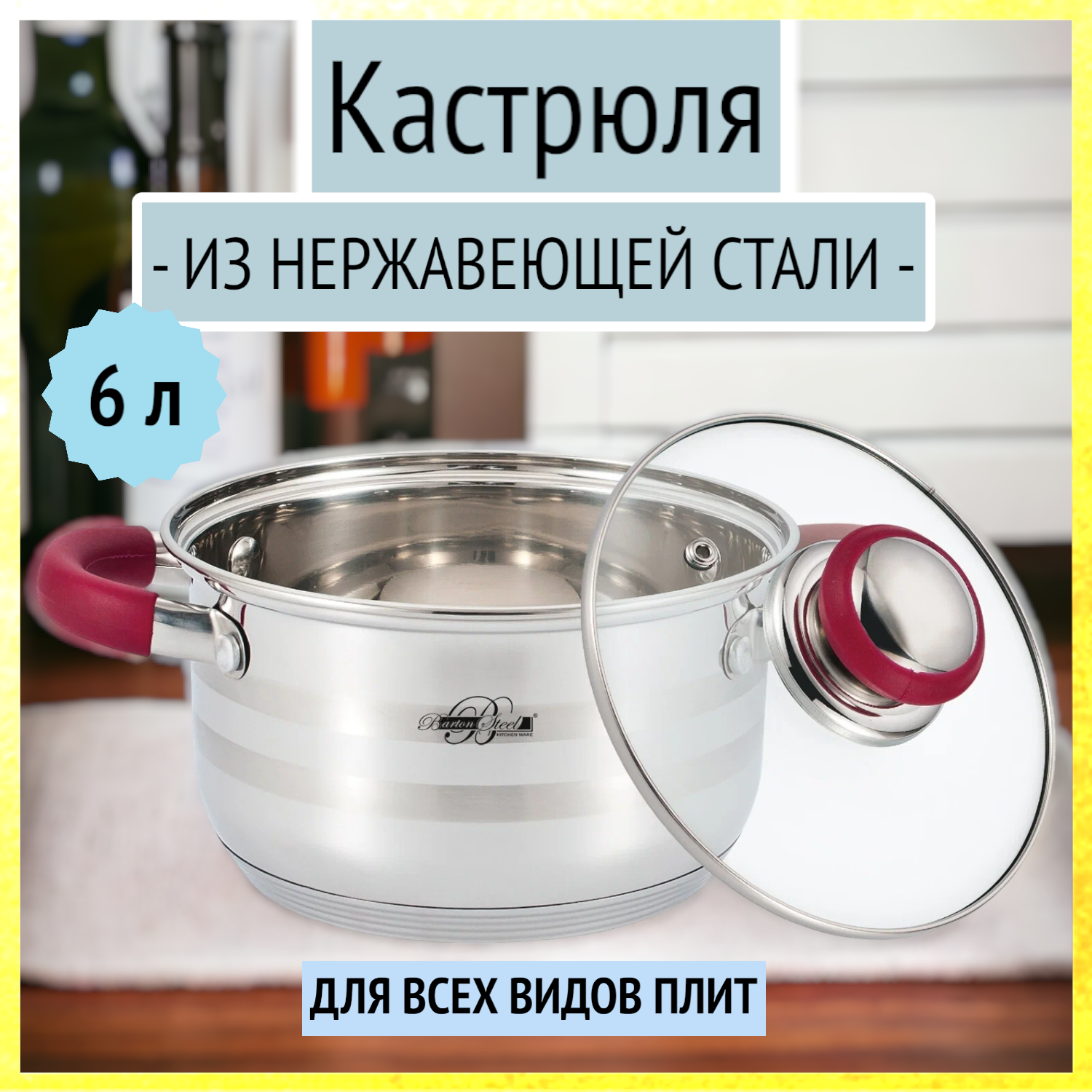 Кастрюля 6 л из нержавеющей стали для индукции Barton Steel, BS 2800-24