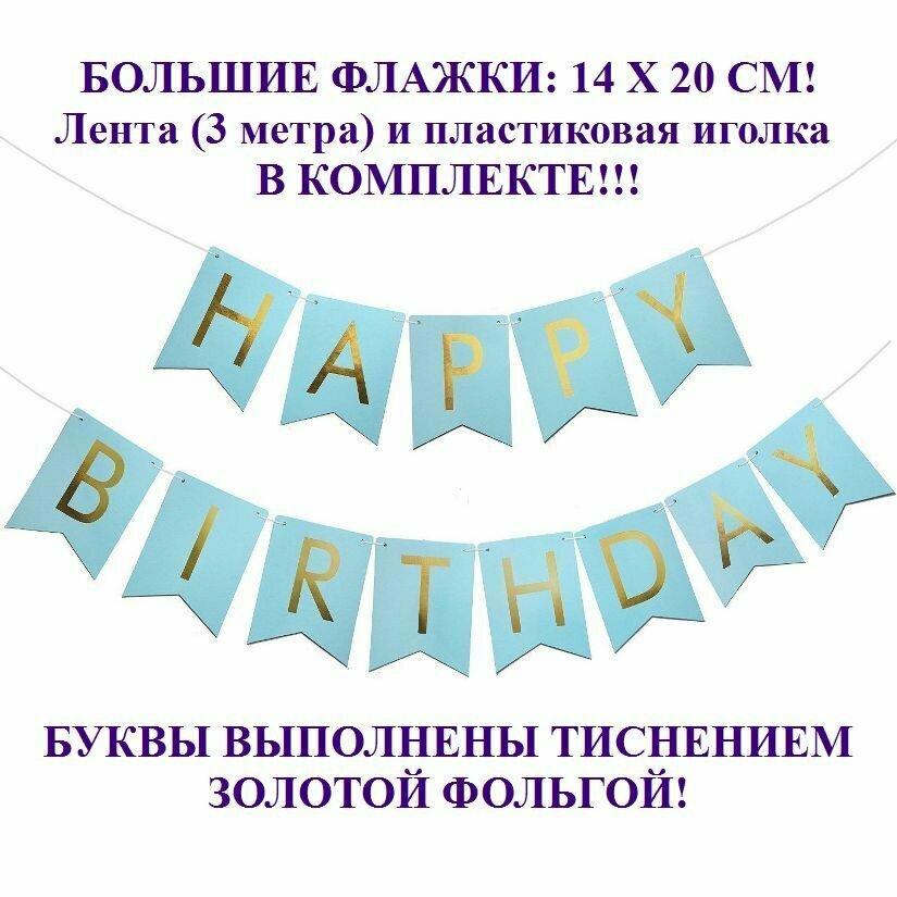 Гирлянда - растяжка - флажки "Happy Birthday" ( С Днём Рождения ) / голубой цвет и золотые буквы ( цвет золото )