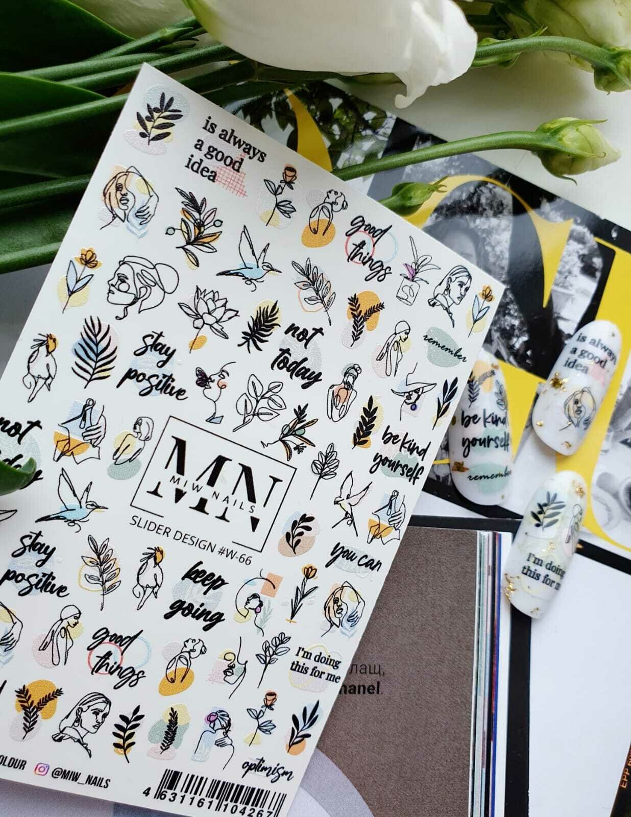 MIW Nails "Слайдеры для ногтей" водные наклейки для дизайна #W-66 цветной силуэт, листья, цветы, птицы