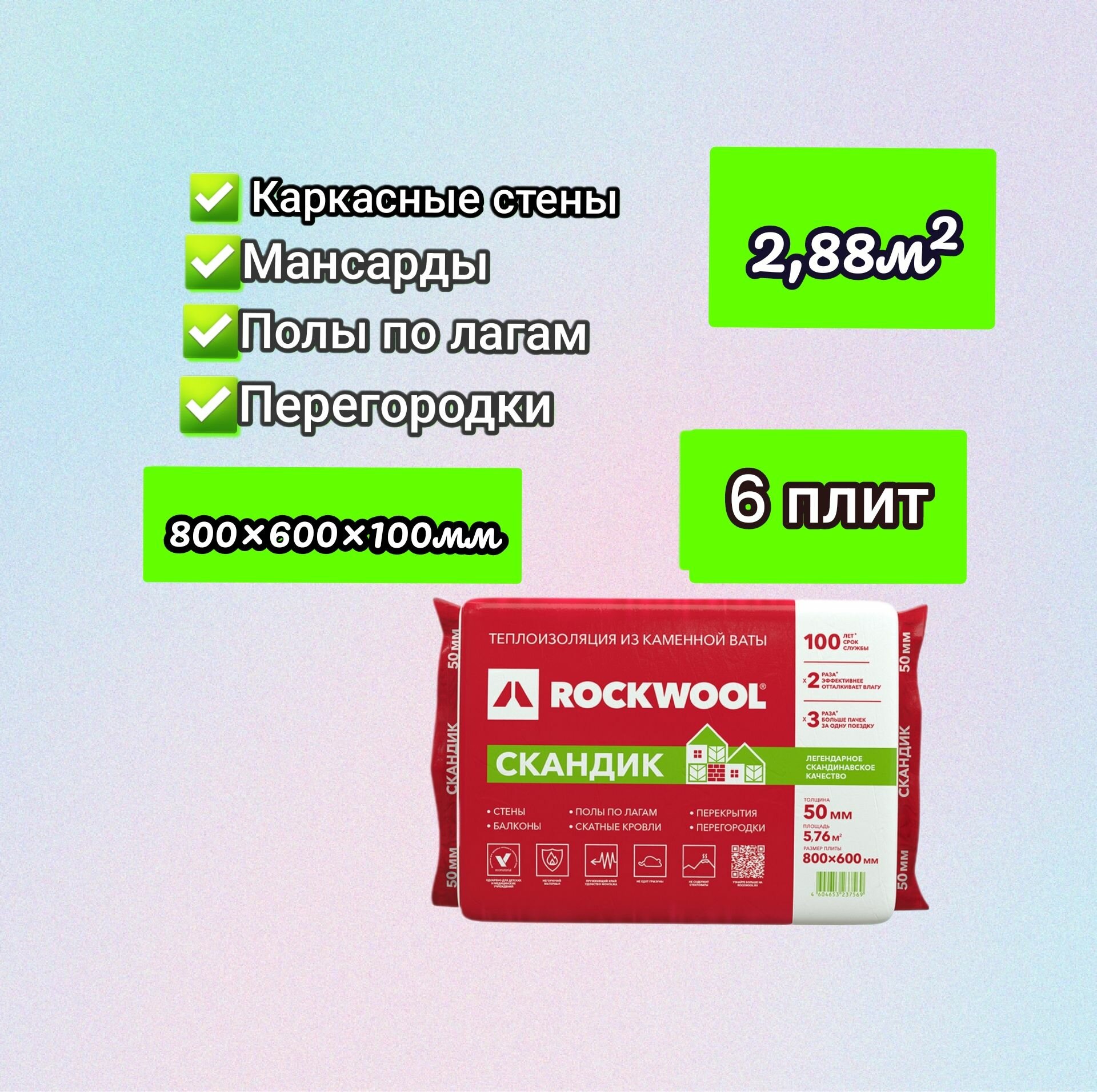 Утеплитель для стен, перегородок, потолка, теплоизоляция из каменной ваты Rockwool 100мм 2,88м2