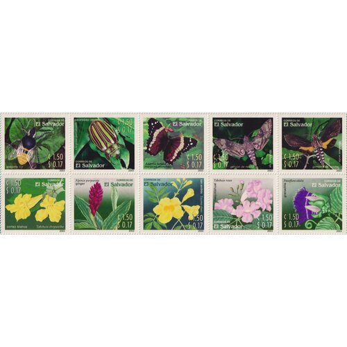 Почтовые марки Сальвадор 2003г. Насекомые и цветы Цветы, Бабочки MNH почтовые марки мозамбик 2007г бабочки и цветы парусник гомера бабочки цветы насекомые флора mnh