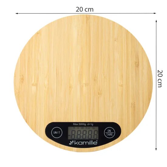 Весы кухонные электронные Kamille 7109, круглые, платформа из бамбука.