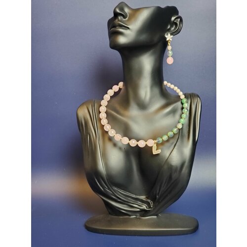 Колье Розовый кварц и флюорит, розовый кварц, флюорит, циркон, перламутр, длина 36 см, голубой, золотой