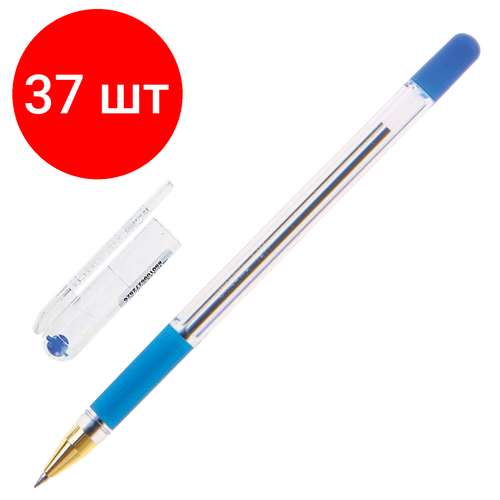 Комплект 37 шт, Ручка шариковая масляная с грипом MUNHWA MC Gold, синяя, корпус прозрачный, узел 0.5 мм, линия письма 0.3 мм, BMC-02