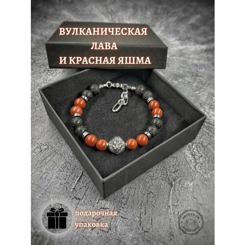 фото Браслет авторская модель, вулканическая лава, металл, яшма, 1 шт., размер 22 см, диаметр 11 см, черный, красный нет бренда
