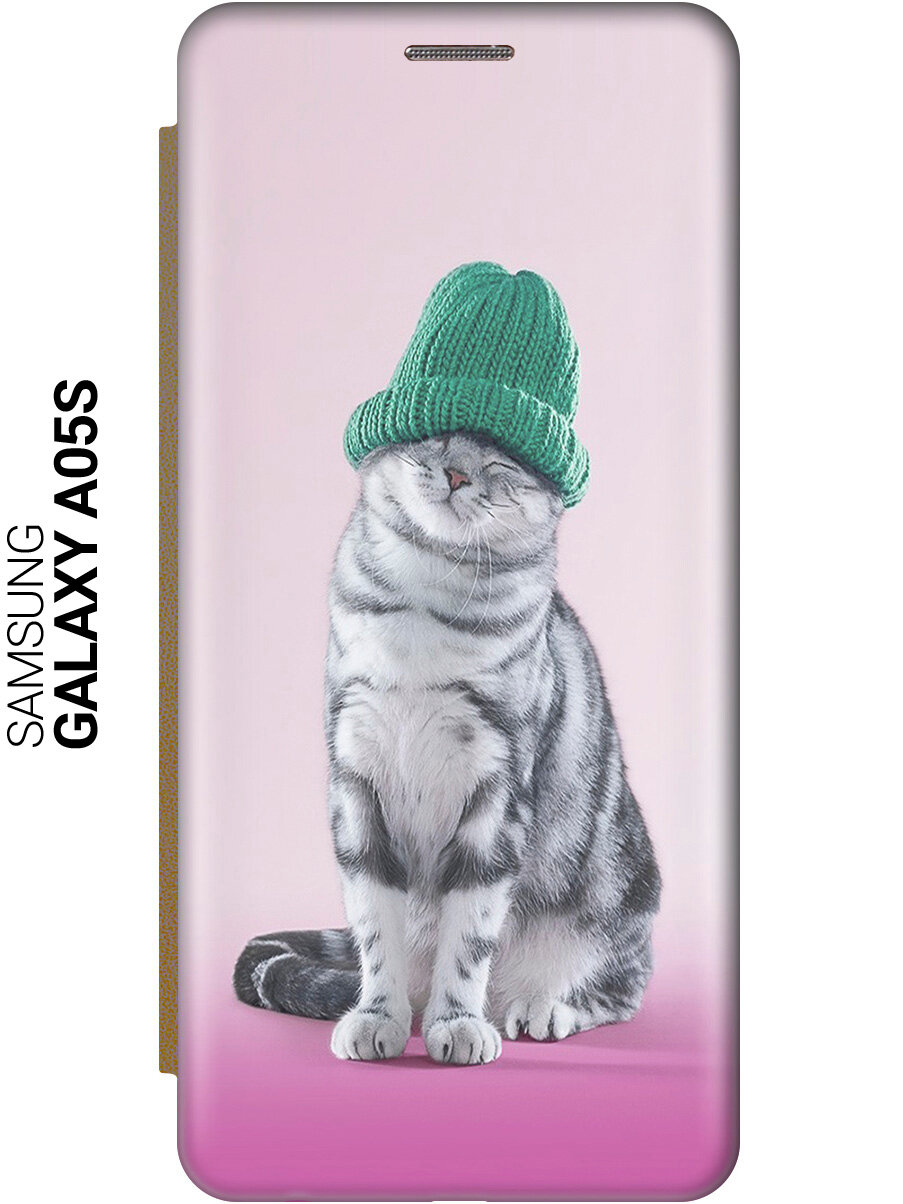 Чехол-книжка на Samsung Galaxy A05s / Самсунг А05с с рисунком "Кот в зеленой шапке" золотистый