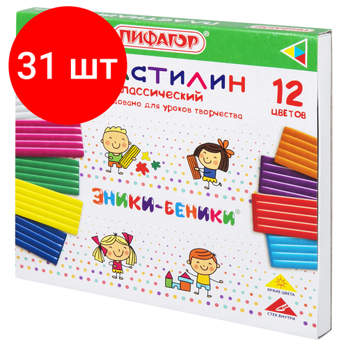 Комплект 31 шт, Пластилин классический пифагор эники-беники супер, 12 цветов, 240 грамм, стек, 106429