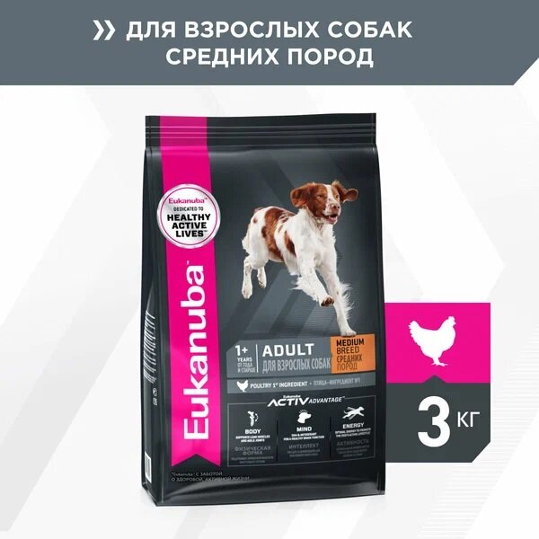 Eukanuba Сухой корм для взрослых собак средний пород Medium Breed , курица 1 уп. х 1 шт. х 3 кг