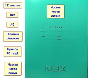 Тетрадь "Отличная" 12 листов, две линии с частыми наклонными, А5, зеленая, 1шт (BG)