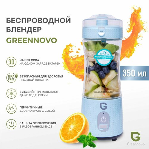 Портативный беспроводной блендер голубой GREENNOVO измельчитель для смузи коктейлей спортивного питания детского питания льда орехов 2980₽