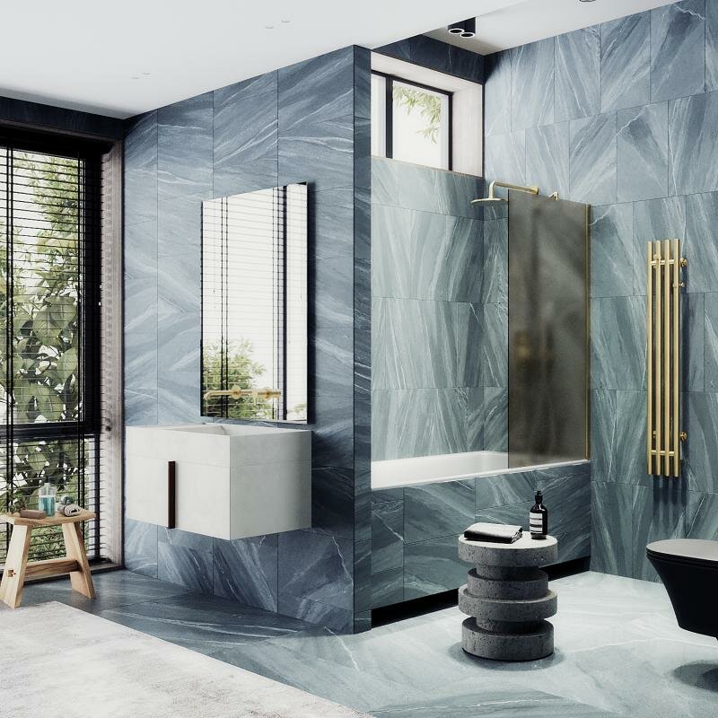 фото Maybah Glass Неподвижная шторка для ванны в широком профиле 80 см, стекло бронза матовая, профиль золото MGV-76-3ш Maybah Glass