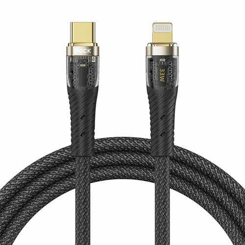 Кабель ROCK Xiaomi PD33W USB-C to Lightning Cable Spring Coil Fast Charging Cable для iPod, iPhone, iPad черный кабель для ipod iphone ipad foxconn usb c to lightning cable 30w 1 м