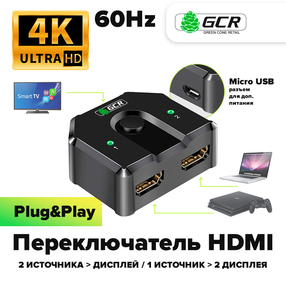 Переключатель HDMI 2.0 2 к 1 Bi-Direction Switch Greenline GL-vTC03T (77vTC03T)