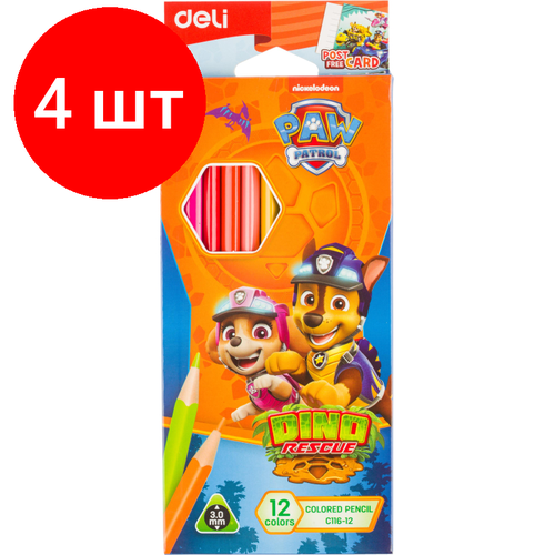 Комплект 4 наб, Карандаши цветные Deli Paw Patrol трехгран, заточен,12цв/наб, картон EC116-12