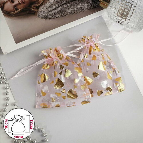 Мешочек подарочный "Сердечки", 10 x 12, цвет розовый с золотом, 100 шт.